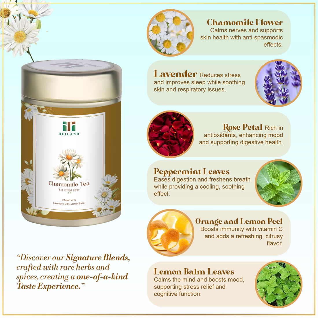 Heiland chamomile herbal tea blend with chamomile flower lavender rose peppermint lemon balm